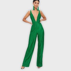 Green Plisse Plunge Strappy Jumpsuit